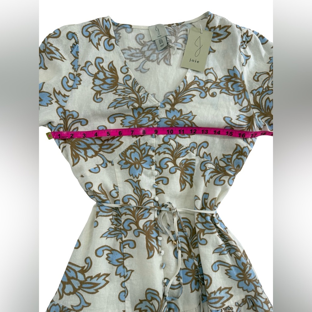 NWT Joie Floral Linen Mini Dress Blue Ivory Tie Sleeve Size 6 Vintage Inspired - Picture 8 of 9